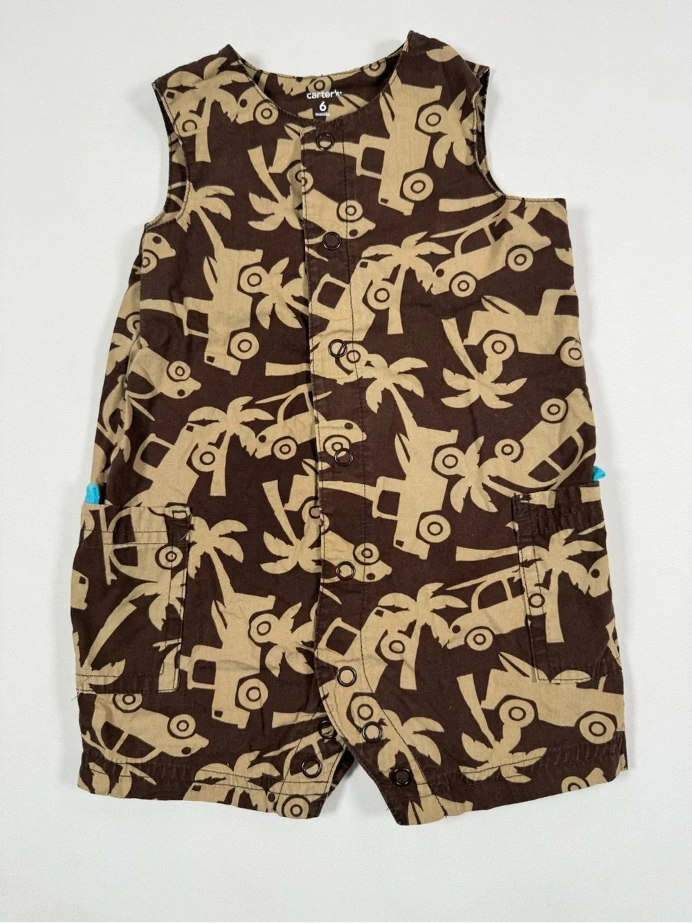 CARTER'S Super Fun Baby Boy Brown Cargo Truck Beach Coastal‎ Jon Jon Romper 6M